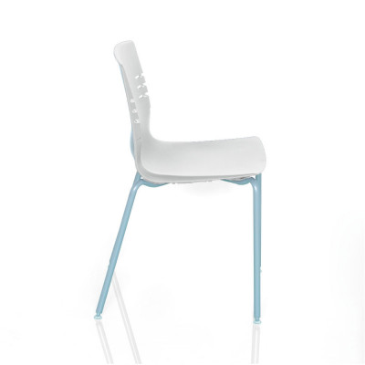 Fixed stacking chair with 4 legs. White polypropylene body and aluminium colour structure.