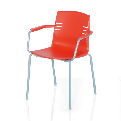 Fixed 4-legged stackable chair with armrests. Red polypropylene body and aluminium colour structure.