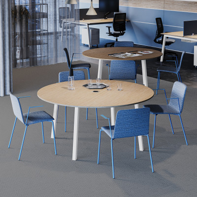 Round meeting table with V legs. Top in white melamine and structure in white painted steel. Sizes: mm 1200Lx1200Dx740H.